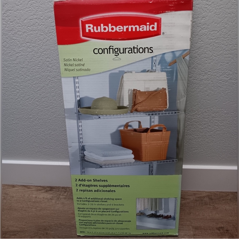 Rubbermaid Satin Nickel 2 add on shelves with 4 brackets.